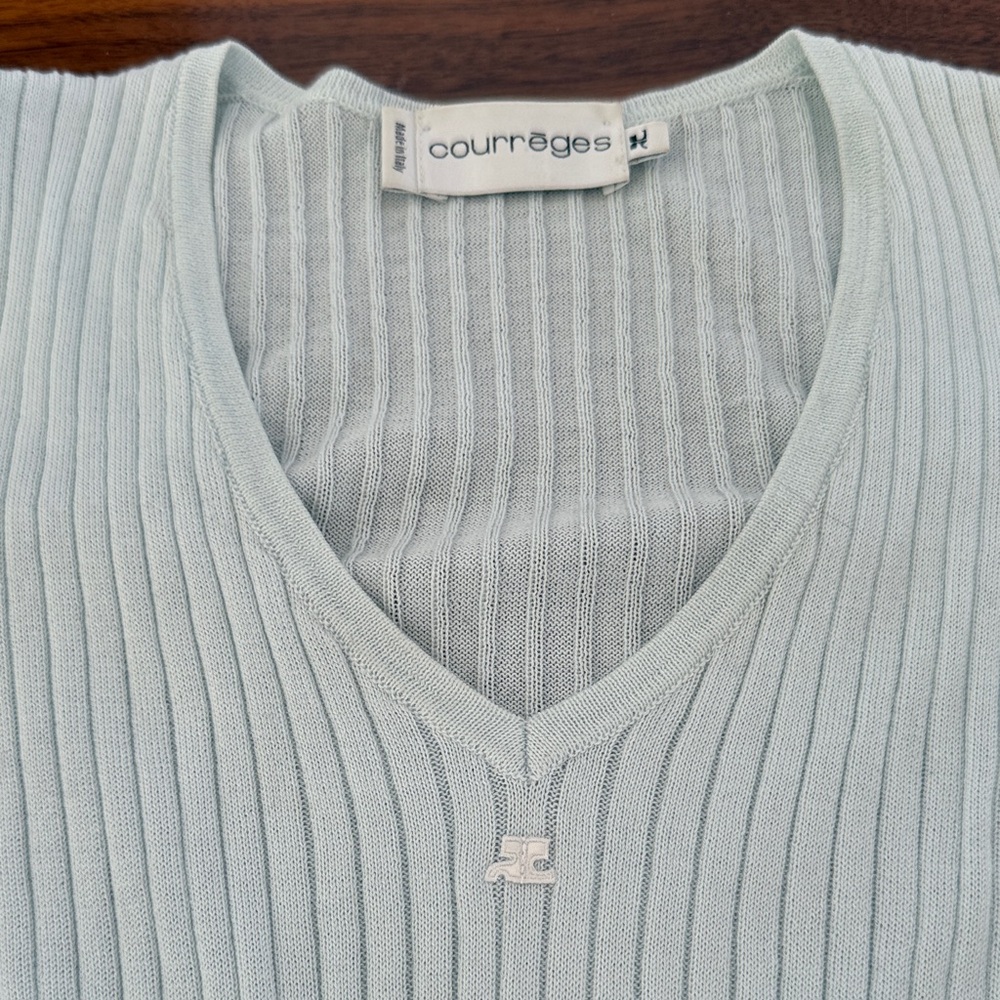 Courrèges Women's Light Blue Ribbed V-Neck Sweater 3-4 sleeves S XS vintage